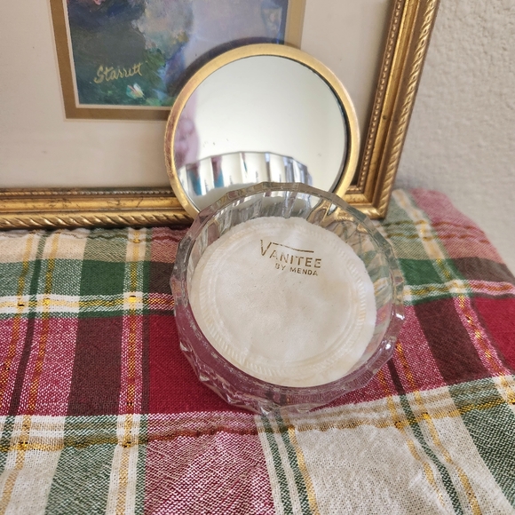 VTG Vanity Powder Dish Glass Crystal & Mirror Lid with Rose Pattern HP 3.5"x2" - Picture 5 of 6